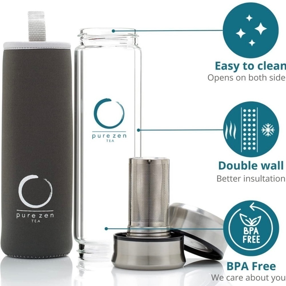 Pure Zen glass tea tumbler 13oz with neoprene sleeve & stainless steel infuser